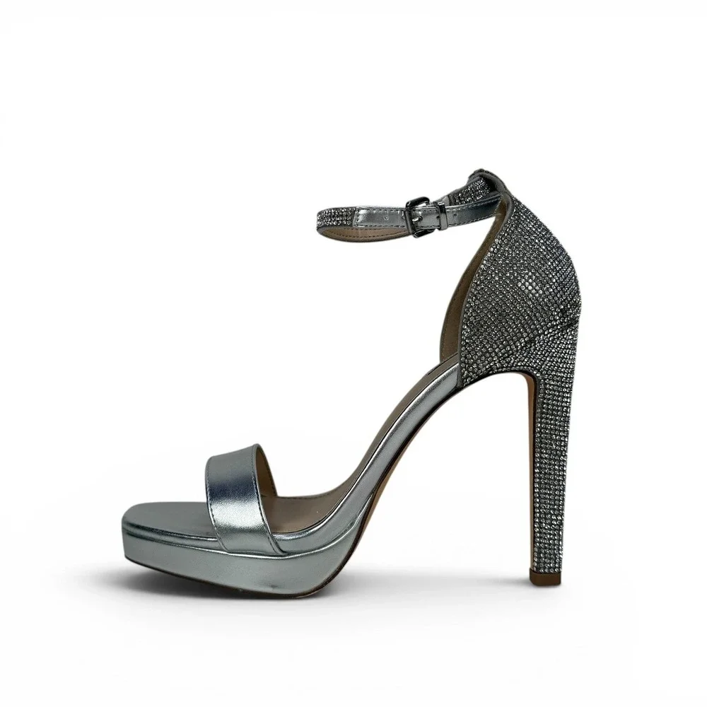 Steve Madden Maisa Silver Rhinestone Platform Sandals Heels Womens 10 Square Toe